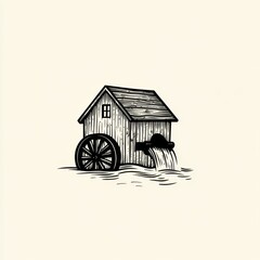 Old Mill House with Water Wheel Vintage Style Illustration a Nod to Rustic and Historical Charm