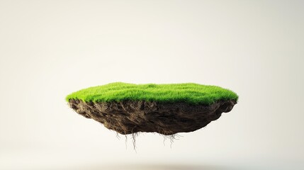 Floating grass-covered soil block on neutral background