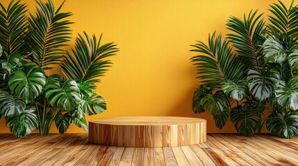 Fototapeta premium Tropical Indoor Scene with Wooden Podium Surrounded by Lush Green Plants