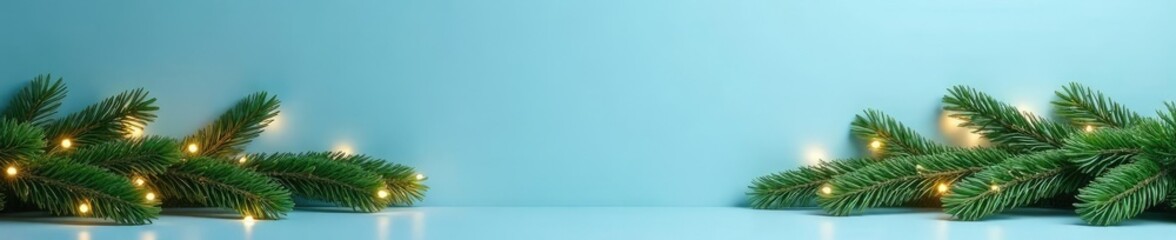 Obraz premium Garlands of evergreen branches and fairy lights against a sky blue backdrop, soft blue, fairy lights, minimalist decor