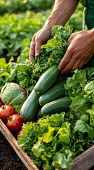 Organic Farming A lush green organic farm with fresh vegetables being harvested by hand under the golden morning sunlight