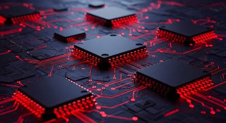 Red futuristic microchips interconnected on high-tech circuit board.