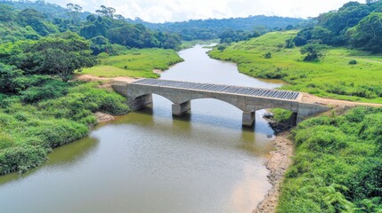 A serene landscape featuring a bridge over a river, surrounded by lush greenery and hills under a bright sky.