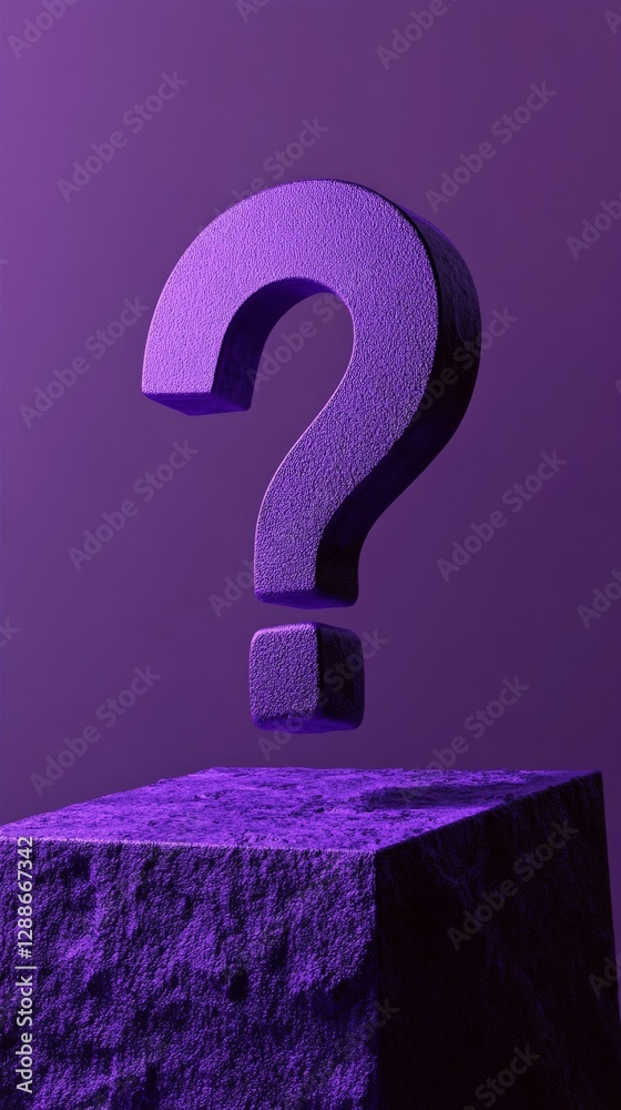 Poster Purple textured question mark hovering over a rocky platform in a mysterious light. Abstract uncertainty and curiosity concept