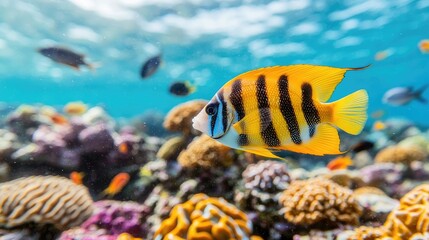 Fototapeta premium Coral reef fish swimming, colorful underwater scene