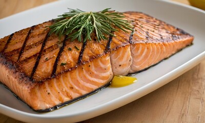 Grilled Salmon Steak with Rosemary and Lemon Slice on White Plate