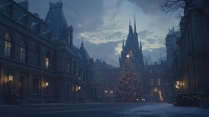 Fototapeta premium A verdant Christmas tree, adorned with twinkling fairy lights and adorned with vibrant red ribbon and sparkling white stars, against a shimmering background that evoked a winter wonderland. 