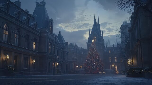 A verdant Christmas tree, adorned with twinkling fairy lights and adorned with vibrant red ribbon and sparkling white stars, against a shimmering background that evoked a winter wonderland. 