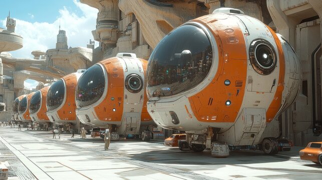 Futuristic orange-white pods lined up on city street