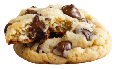 The image features two freshly baked chocolate chip cookies with a golden-brown texture, loaded with melted chocolate chips and surrounded by scattered chocolate pieces.