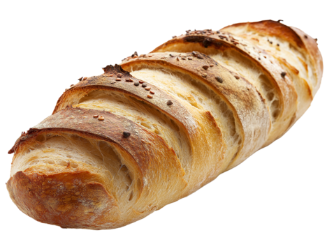 The image features a freshly baked artisan baguette with a golden, crispy crust, deep scoring, and a soft, airy interior, sprinkled with seeds for added texture.