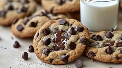 Warm chocolate chip cookies with melting chocolate chips and a glass of milk, placed on a rustic table with a cream background