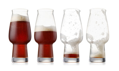 Drinking beer process. From full to empty glass on white background, step-by-step collage