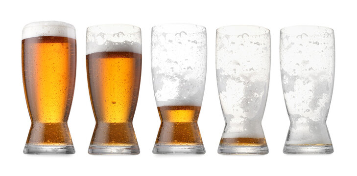 Drinking beer process. From full to empty glass on white background, step-by-step collage