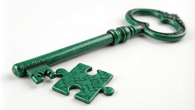 Emerald Green Metallic Key with Puzzle Piece, emerald green, luxurious item, metallic key, cryptic clue, puzzle piece