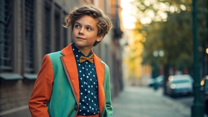 a fashionable young boy stands confidently on a street in his colorful outfit. He looks into the distance with a hopeful expression