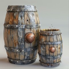 Obraz premium Two Weathered Wooden Barrels A Rustic Still Life Composition with Vintage Containers and Aged Detail