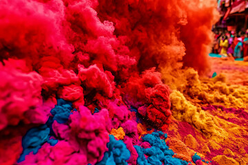 Fototapeta premium Bright clouds of powdered colors create a stunning spectacle in a vibrant market, as people celebrate with laughter and joy during a traditional festival in full swing