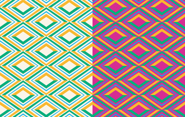 Geometric chevron seamless pattern, set of 2, hipster 70s retro style, triangle shape decor, zigzag unique stripe line, green yellow colour palette. White or lilac background. Vector illustration