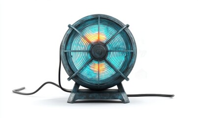 Vintage industrial fan with glowing elements, set against a minimalistic white background