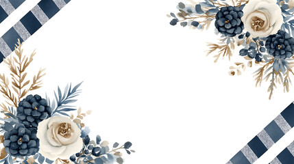 Watercolor Floral Arrangement With Blue And Gold Accents On White Background