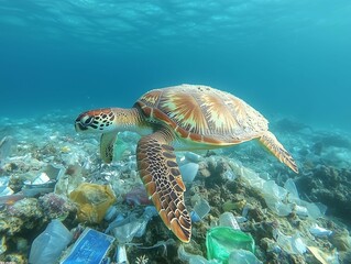 Fototapeta premium Sea turtle swims gracefully through vibrant coral reef while navigating plastic debris in clear blue water environment