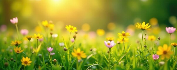 Obraz premium Meadow with yellow and pink flowers swaying gently in the morning dew, meadow, dewy,