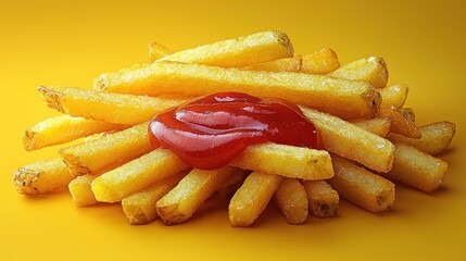 A Delicious Pile of Golden French Fries with a Generous dollop of Ketchup