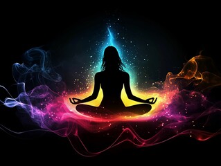 Chakra energy flow illustrated with abstract waves and meditative figure in a vibrant cosmic setting