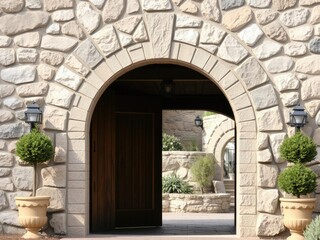 Fototapeta premium Entrance with a decorative archway made of natural stone and wood, natural stone, archway entrance