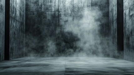 Fototapeta premium Minimalist dark stage with a smoky ambiance and rough concrete textures, ideal for creative backgrounds.
