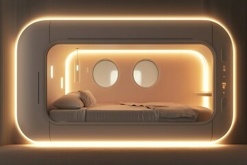 Efficient capsule hotel room setup with a sliding door and ambient lighting, compact contemporary bedroom with round windows, built-in lighting, designed for solo travelers