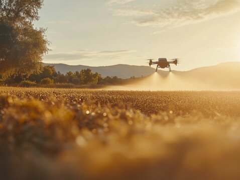 Drone navigates above an agricultural field during sunset, spraying crops for enhanced growth and health