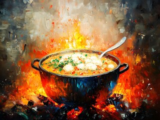 A vibrant pot of stew simmering over an open flame with colorful vegetables and meatballs