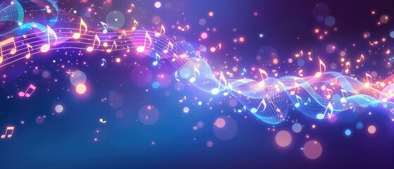 Ethereal musical notes suspended in a kaleidoscope of colors, colorful music background, psychedelic hues, melodic colors, swirling patterns, sound waves