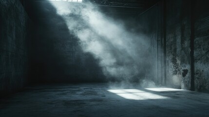 Fototapeta premium Mysterious dark room with a foggy atmosphere and a textured concrete floor, perfect for product placement