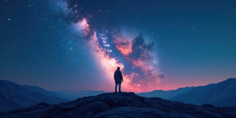 Obraz premium A Solitary Figure Contemplates the Vast Expanse of a Starry Night Sky Above a Majestic Mountain Range