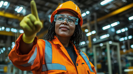 Factory worker reporting safety hazard, wearing safety gear and gloves, showing concern for workplace safety