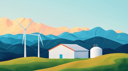 A serene landscape featuring a barn, silo, and wind turbines against rolling hills and mountains, showcasing renewable energy and rural tranquility.