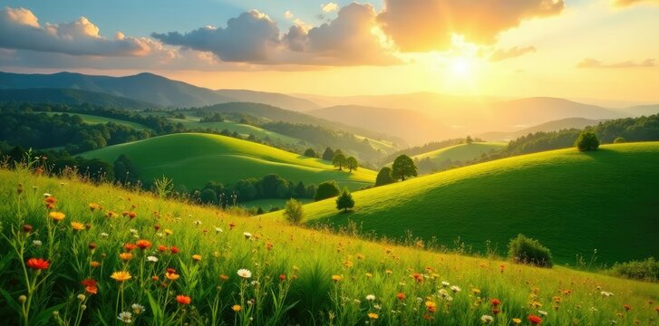Rolling hills covered in greenery and wildflowers bathed in golden sunlight, peaceful, serene