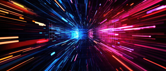 Naklejka premium Vibrant light trails create dynamic sense of speed and motion in digital space