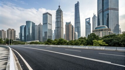 Empty asphalt road passing through the heart of a modern city amidst towering skyscrapers and office buildings, modern cityscape, empty road, concrete highway