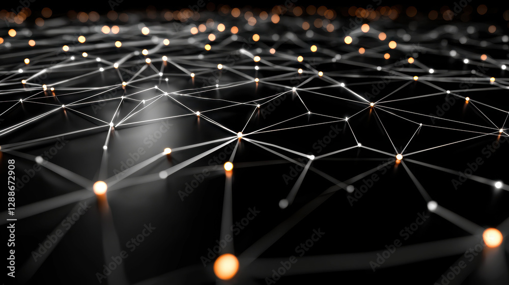 Poster glowing matrix of interconnected data points on dark background