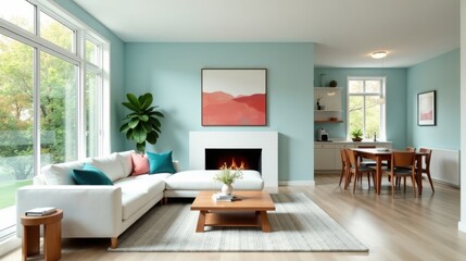 Fototapeta premium Serene Living Room Design Featuring a Modern Sectional Sofa, Light Wood Coffee Table, and a Cozy Fireplace