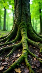 Fototapeta premium Roots of a tree spreading out across the ground, geology, forest floor, moss