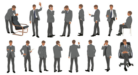 Businessman character in different poses. Handsome business man in formal suit standing, walking, sitting, with phone, front, back, side view. Vector realistic illustration set 