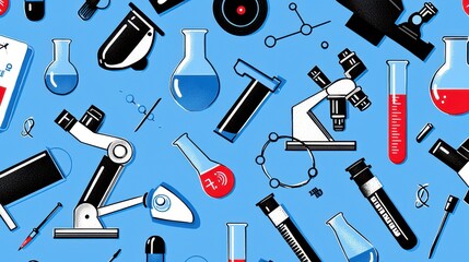 Obraz premium A vibrant tableau of molecular structures, chemical equations etched in bold hues, and the stark silhouettes of beakers, microscopes, and test tubes, a captivating backdrop designed to ignite 