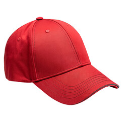 vibrant red cotton baseball cap with curved brim, isolated on transparency background, showcasing its simple and sporty design.