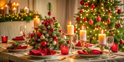 Festive holiday table setting with decorated centerpieces, candles, and a Christmas tree, centerpiece, festive, Christmas