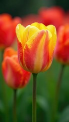 Soft petal yellow red tulip bloom spring garden background, garden, red, blooming